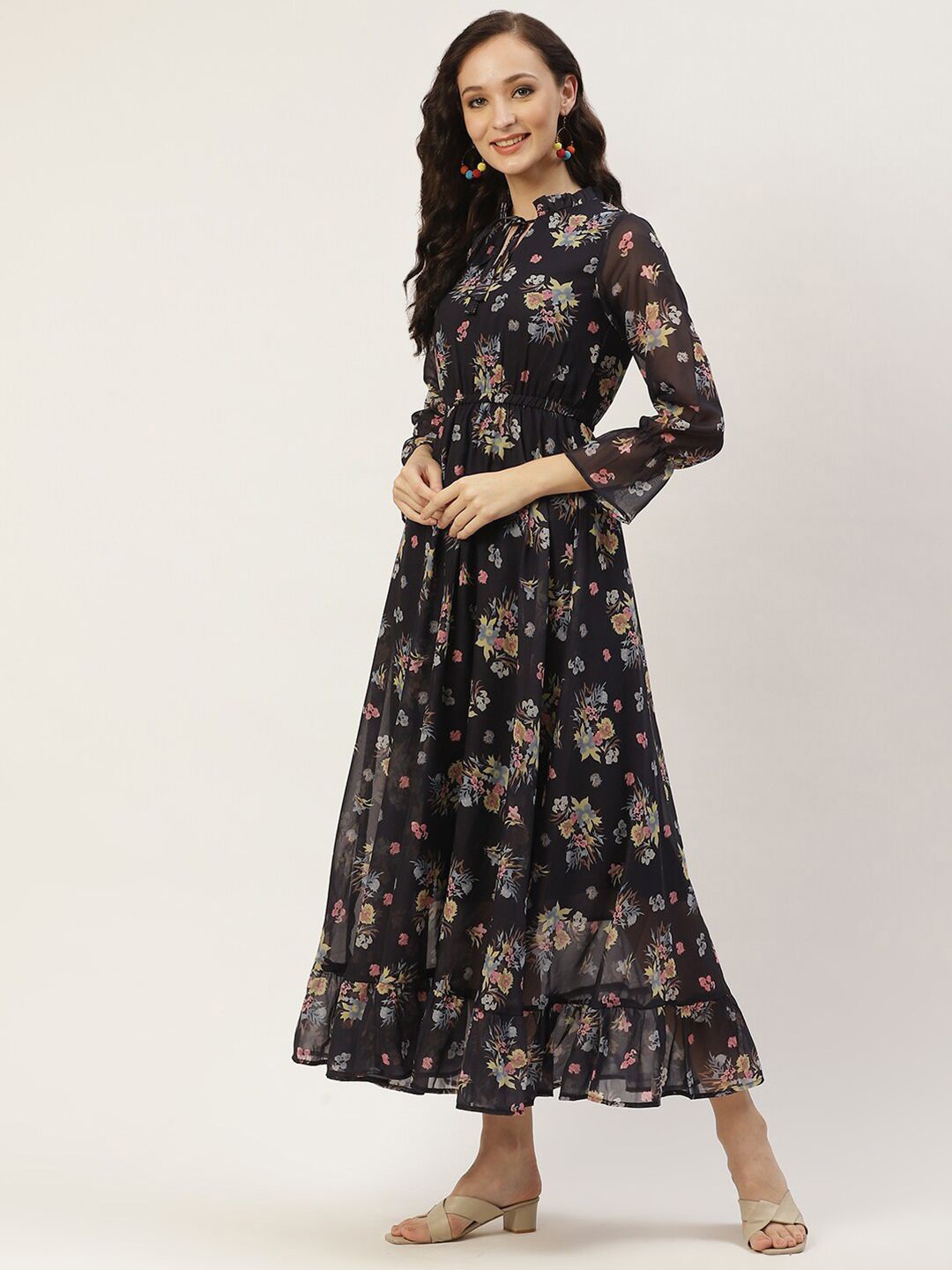 

DressBerry Floral Print Tie-Up Neck Georgette Fit & Flare Dress, Navy blue