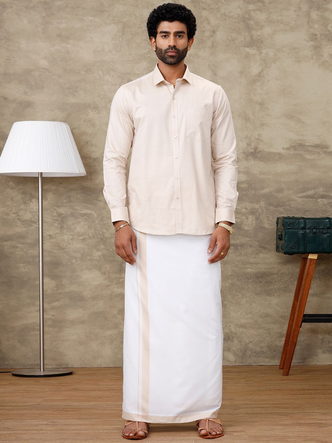 

Ramraj Men Full Sleeve Solid Shirt With Matching Border Dhoti, Beige