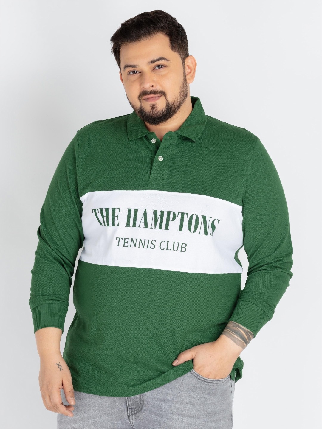 

UNSIZED Men Plus Size Typography Printed Polo Collar Cotton T-shirt, Green