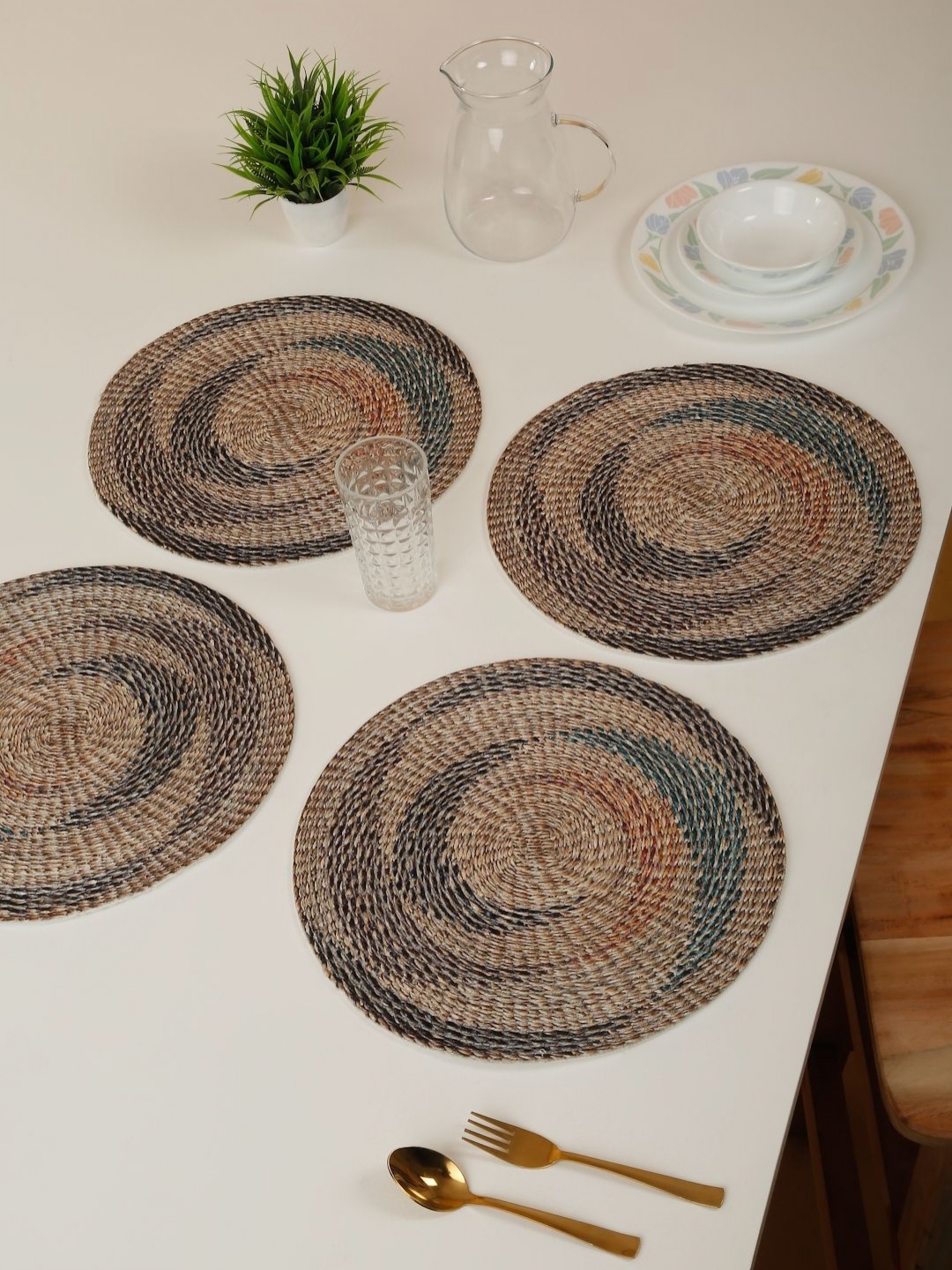 

HOSTA HOMES 4-Pcs Beige & Blue Digital Printed Pure Cotton Table Placemats