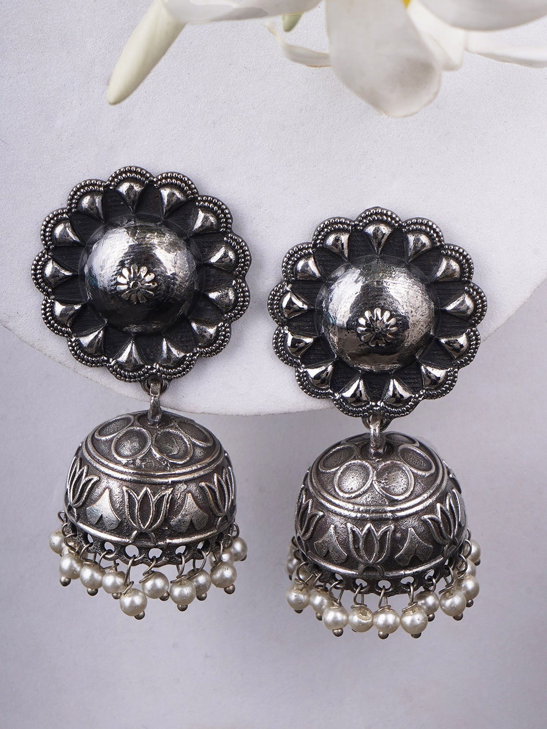 

Sangria White Silver Plated Oxidised Artificial Beads Beaded Dome Shaped Jhumkas