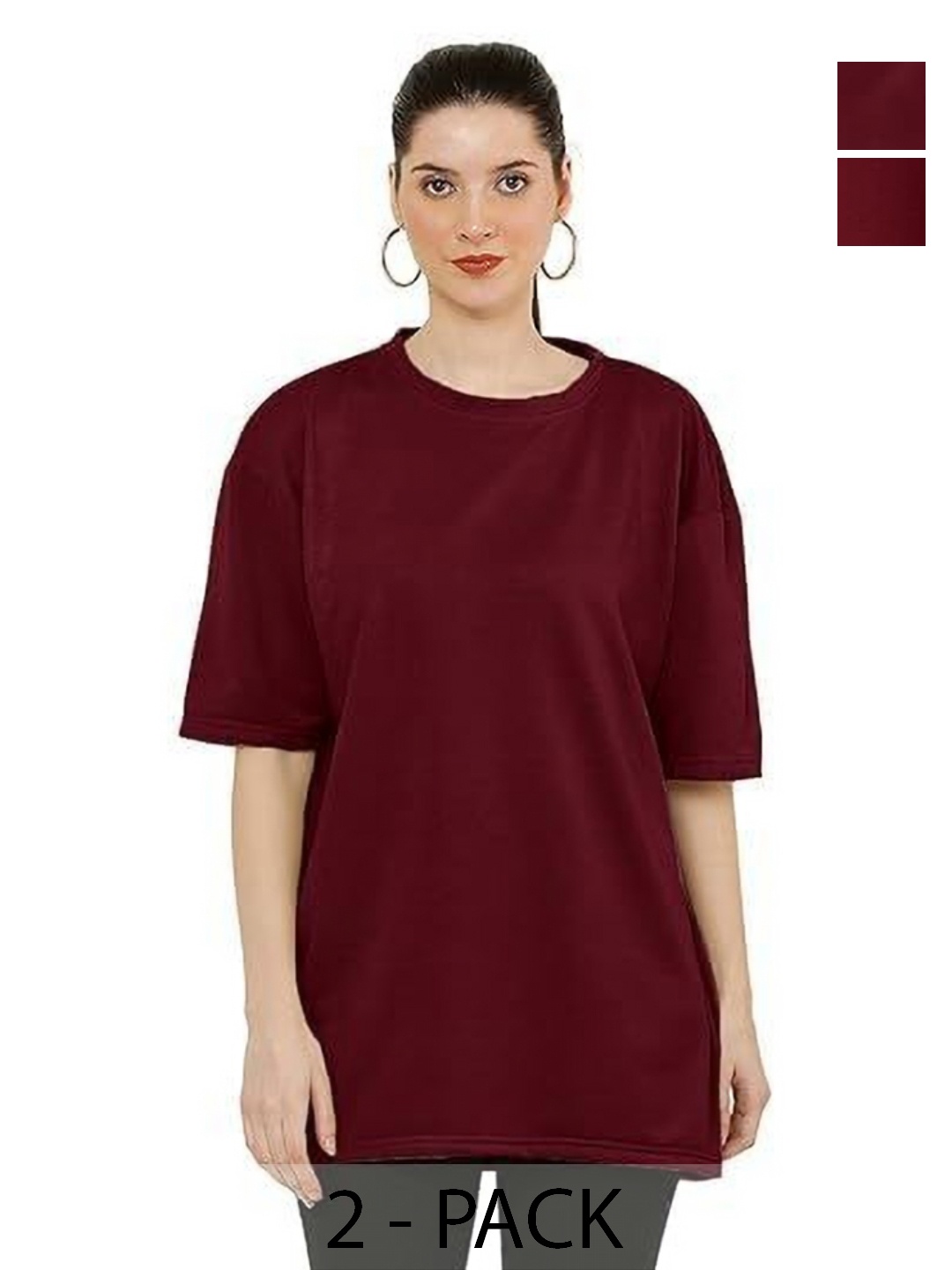 

NOTWILD Women Pack Of 2 Solid Round Neck Cotton T-shirts, Maroon