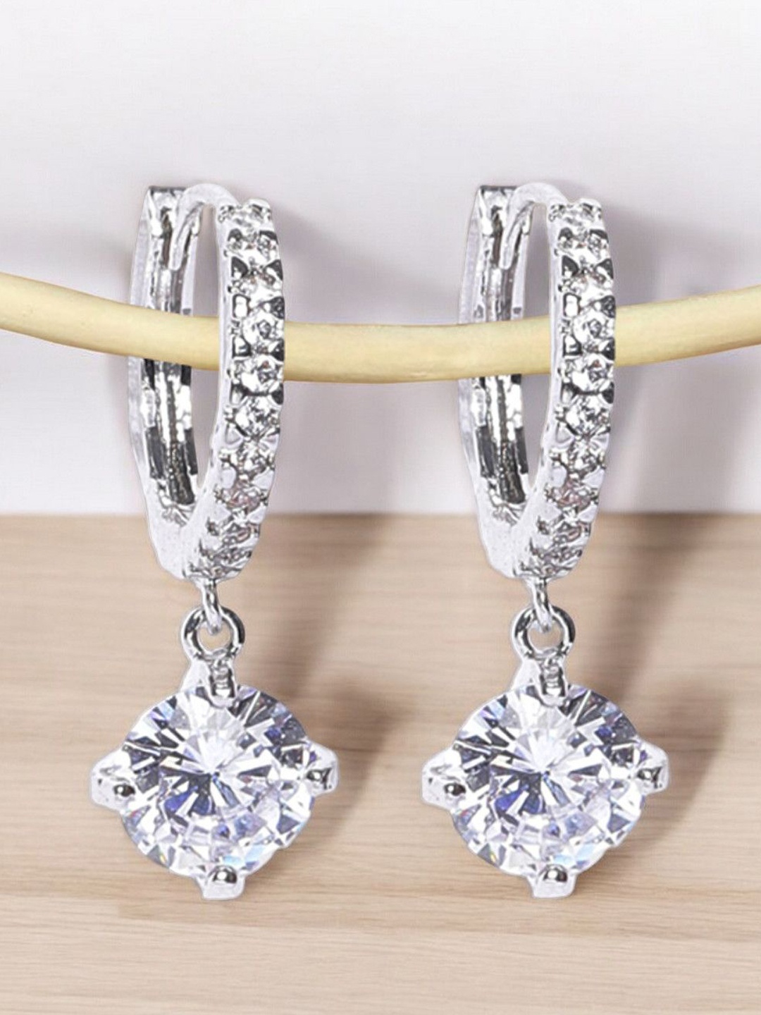 

OOMPH Silver-Plated Cubic Zirconia Studded Contemporary Drop Earrings