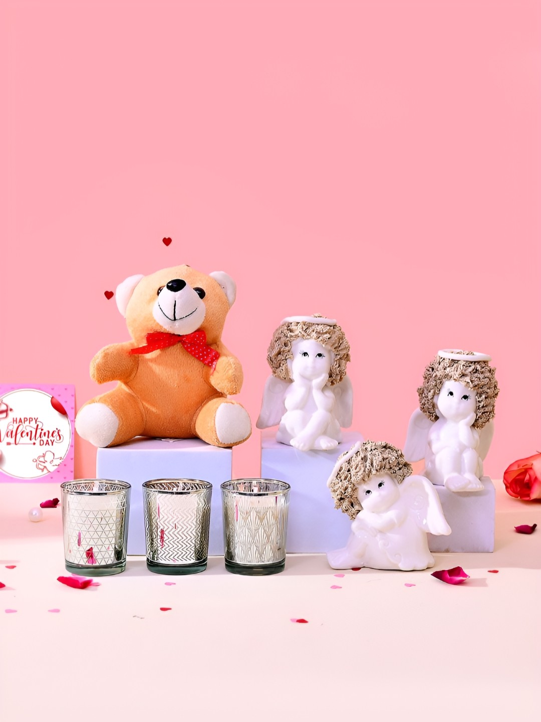 

TAYHAA White & Brown 7 Pieces Angel Figurine Showpiece With Candles And Teddy Gift Set