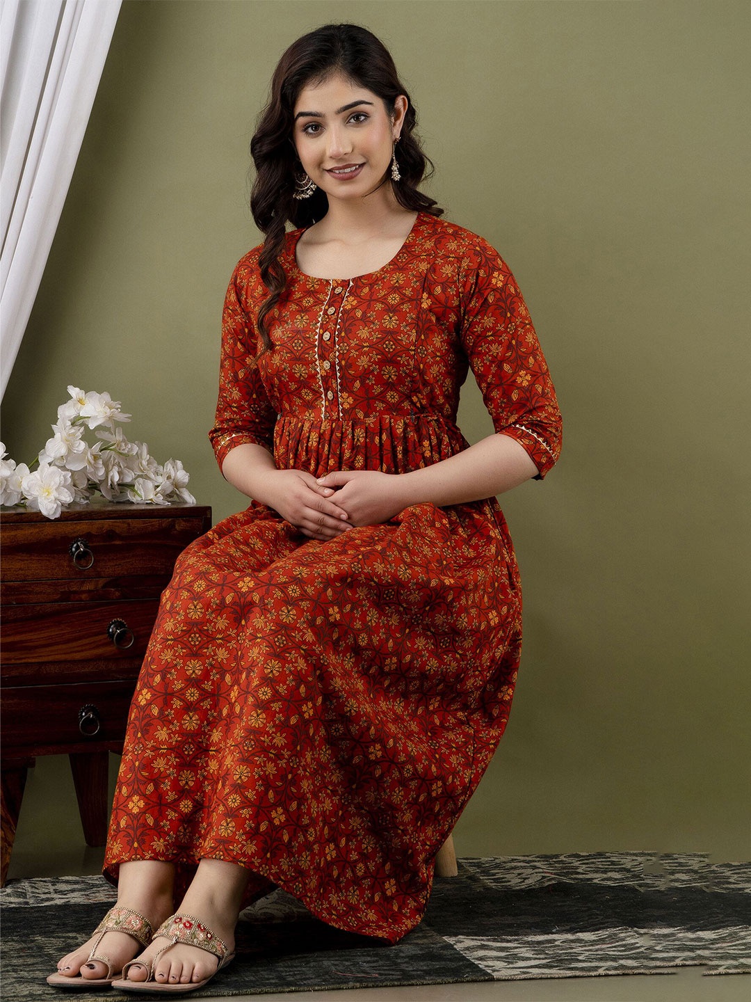 

UrbanRang Women Floral Printed Maternity Cotton Fit and Flare Dress, Orange