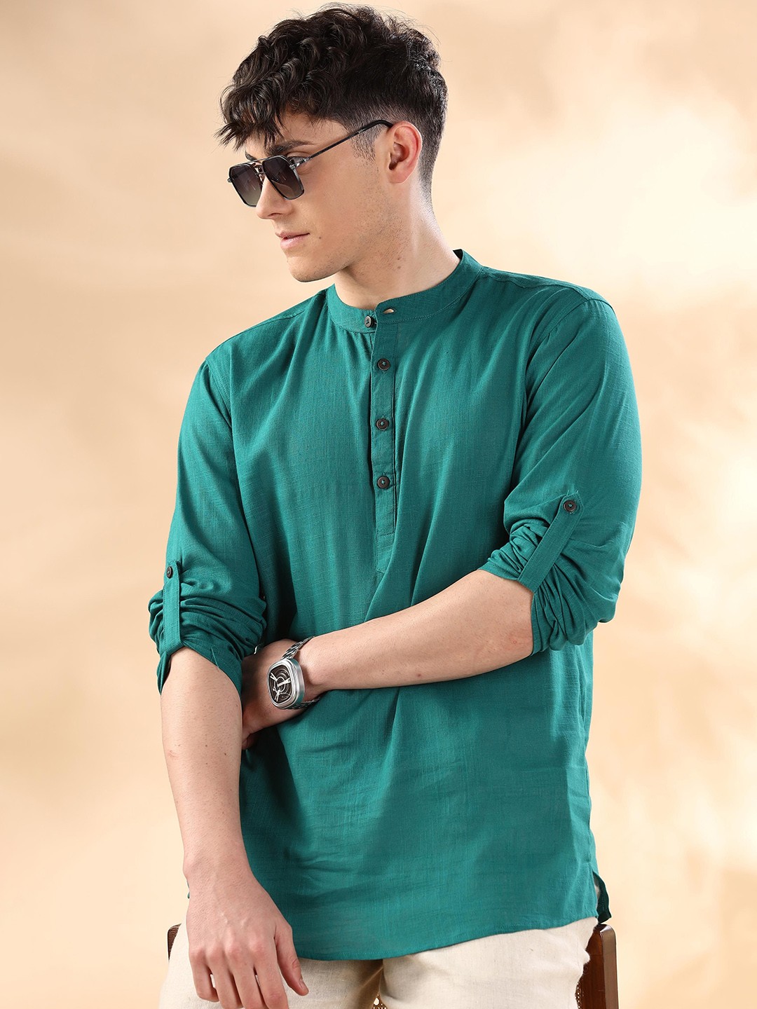 

Anouk Green Band Collar Pure Cotton Straight Short Kurta