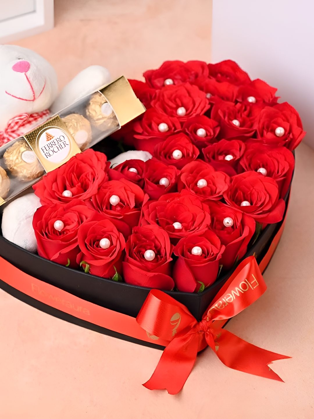 

Floweraura 27Pcs Love Bouquet of Roses & Cute Teddy With Chocolates Gift Set, Red