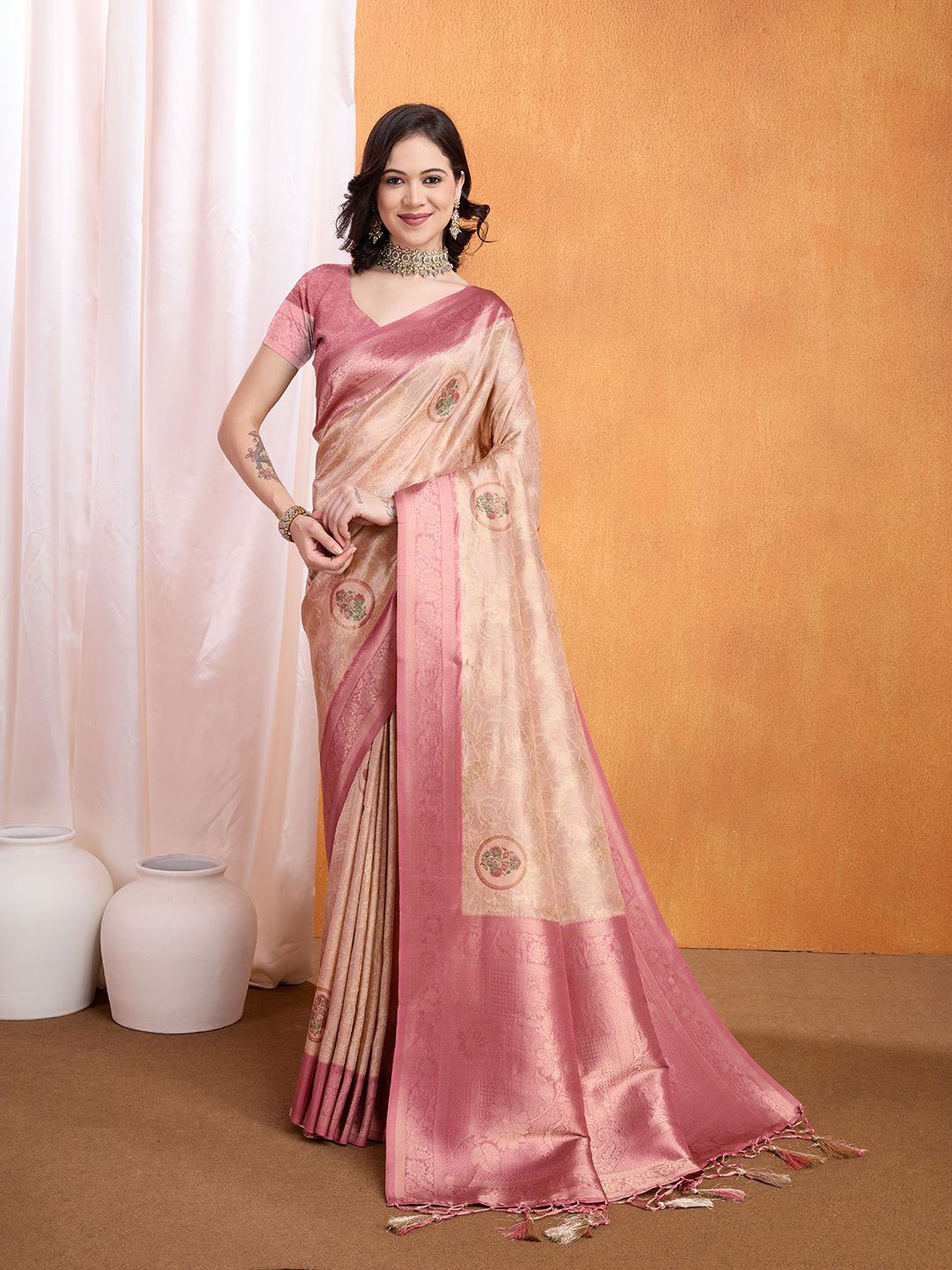 

Ethnielle Paisley Silk Blend Designer Banarasi Saree, Peach