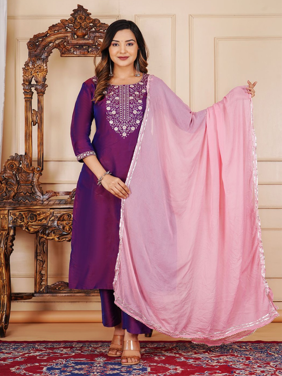 

KHYATI KURTIES Women Embroidered A-Line Kurta With Trousers & Dupatta, Purple