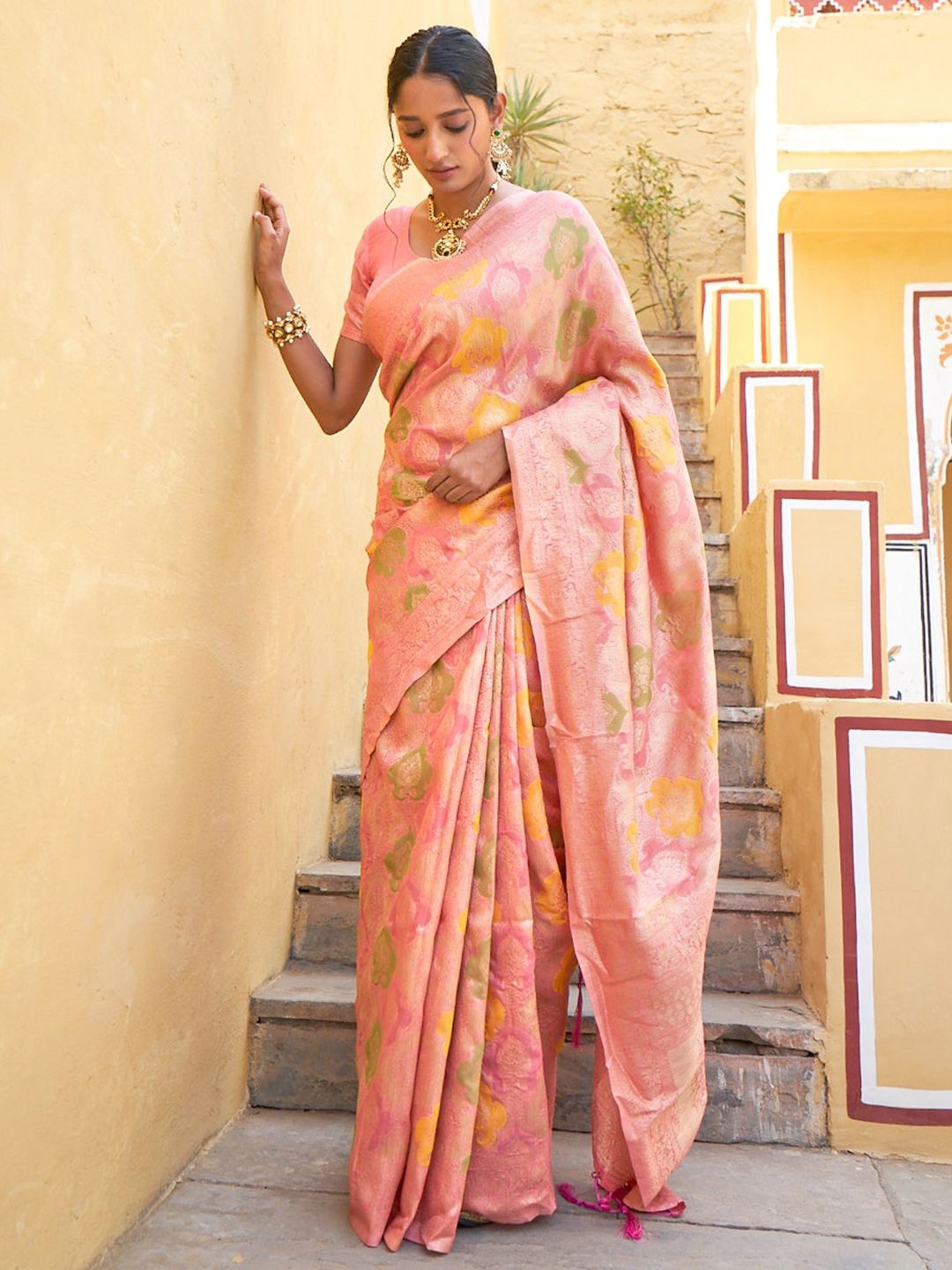 

Indeloom Woven Design Zari Silk Blend Chanderi Saree, Pink