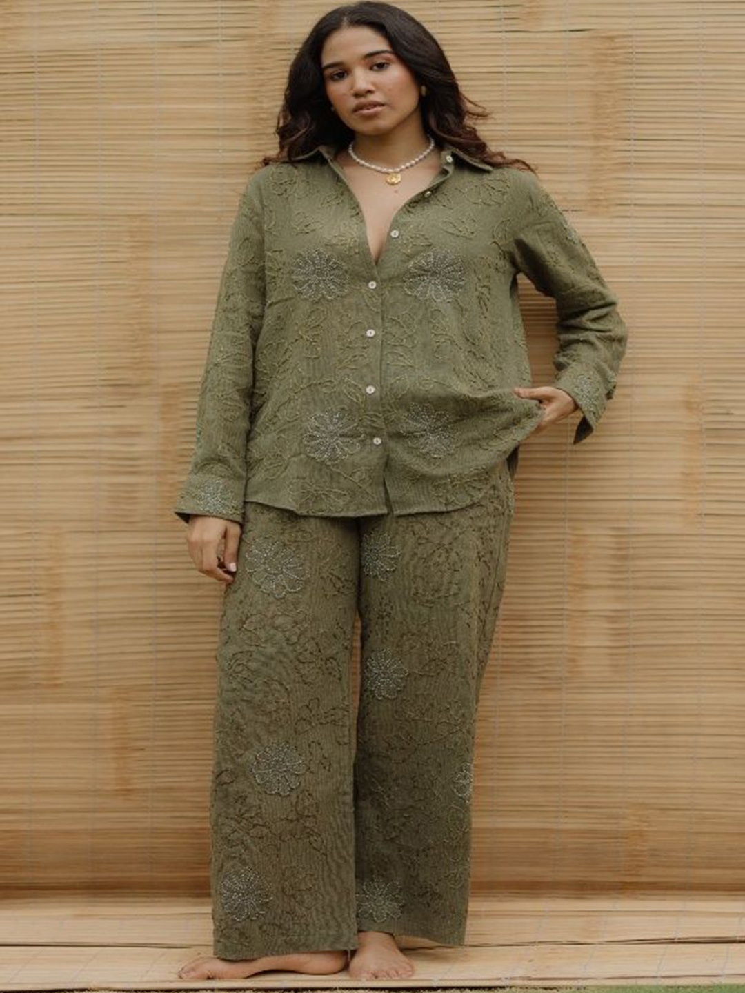 

LABEL SUGAR Floral Embroidered Linen Shirt With Trouser, Green