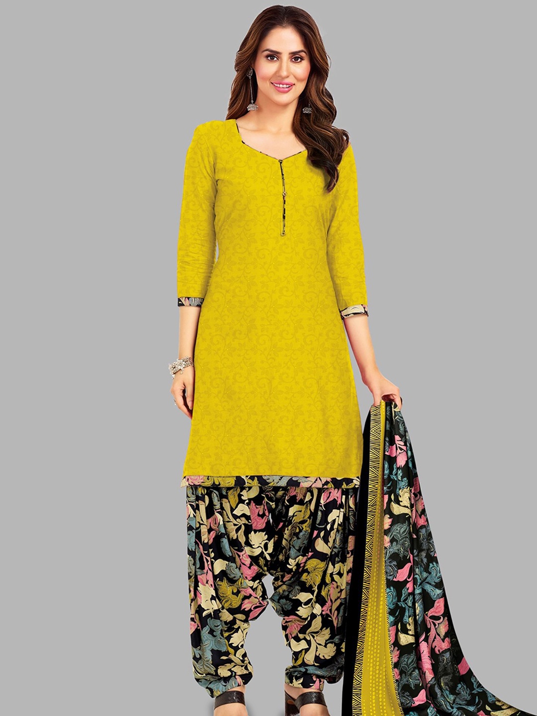 

shree jeenmata collection Printed Pure Cotton Unstitched Dress Material, Yellow