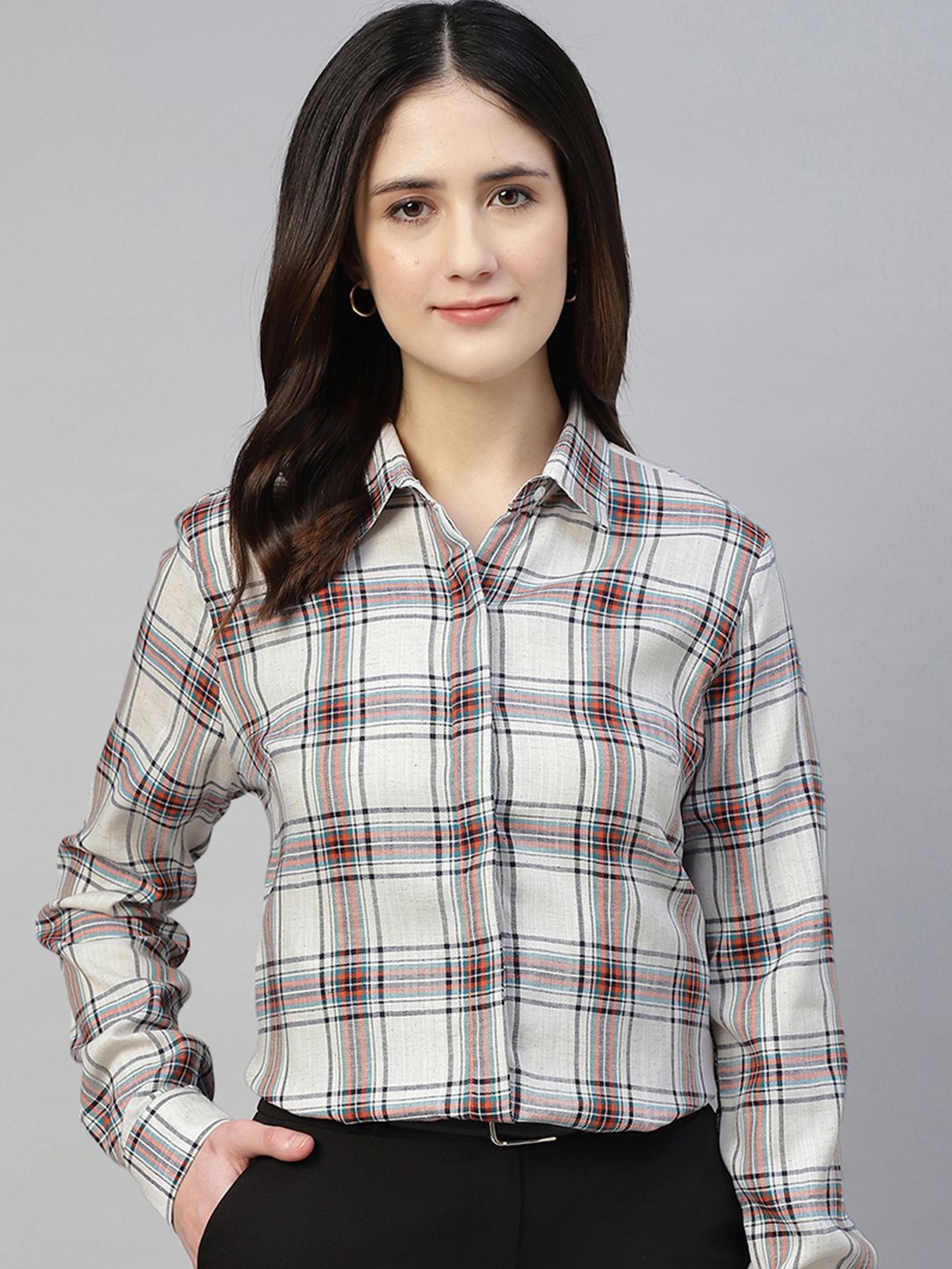 

Hancock Women Classic Fit Spread Collar Tartan Checked Cotton Formal Shirt, White