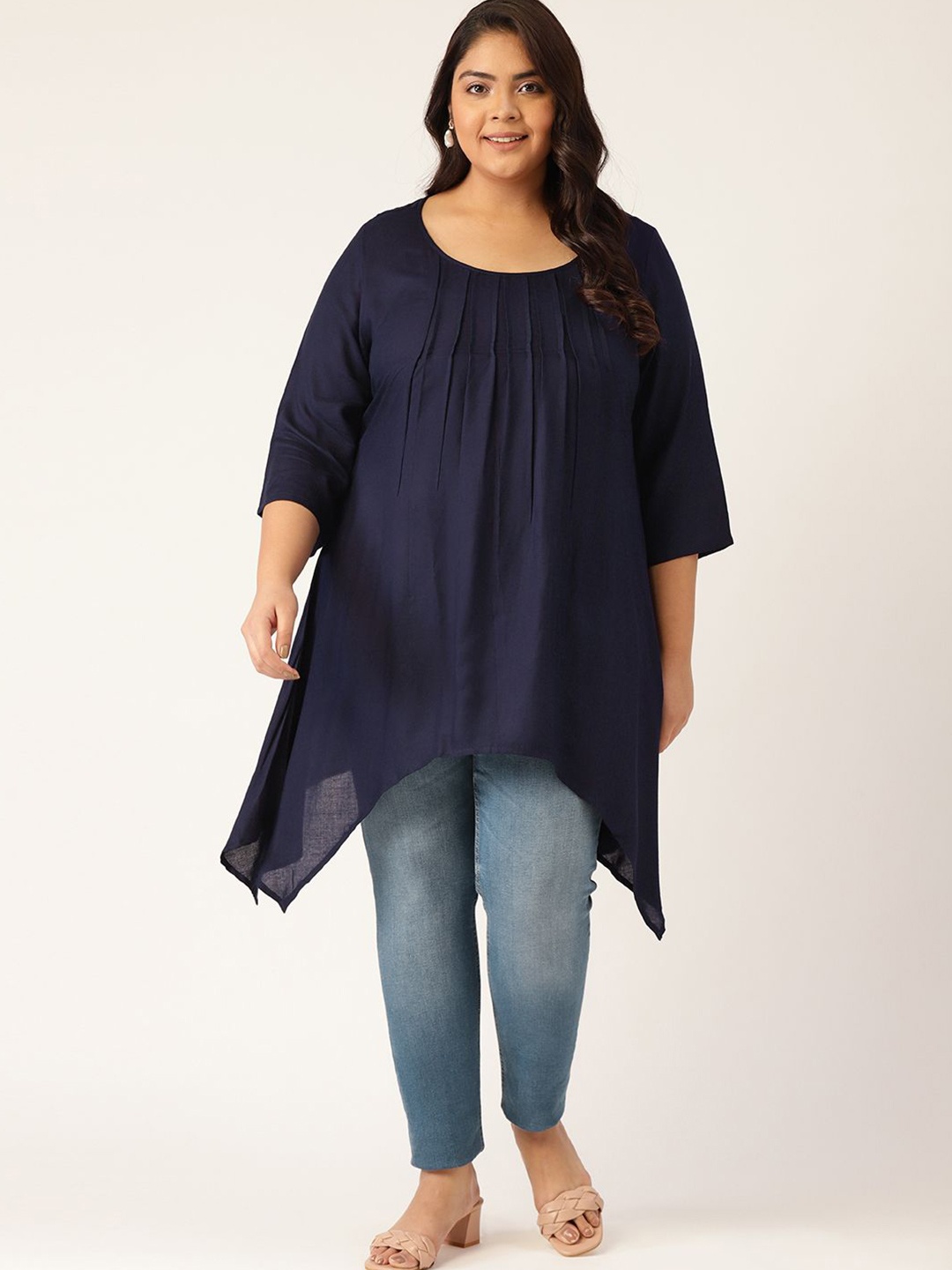 

theRebelinme Women Plus Size Front Pleated Longline Tunic, Navy blue