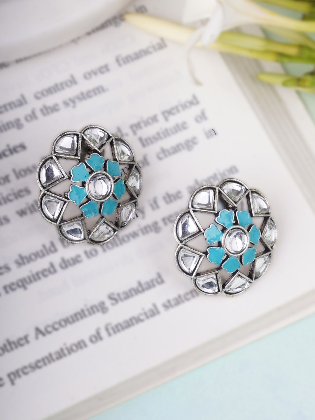

Sangria Blue Silver-Plated Artificial Stones Studded Circular Shaped Oxidised Studs