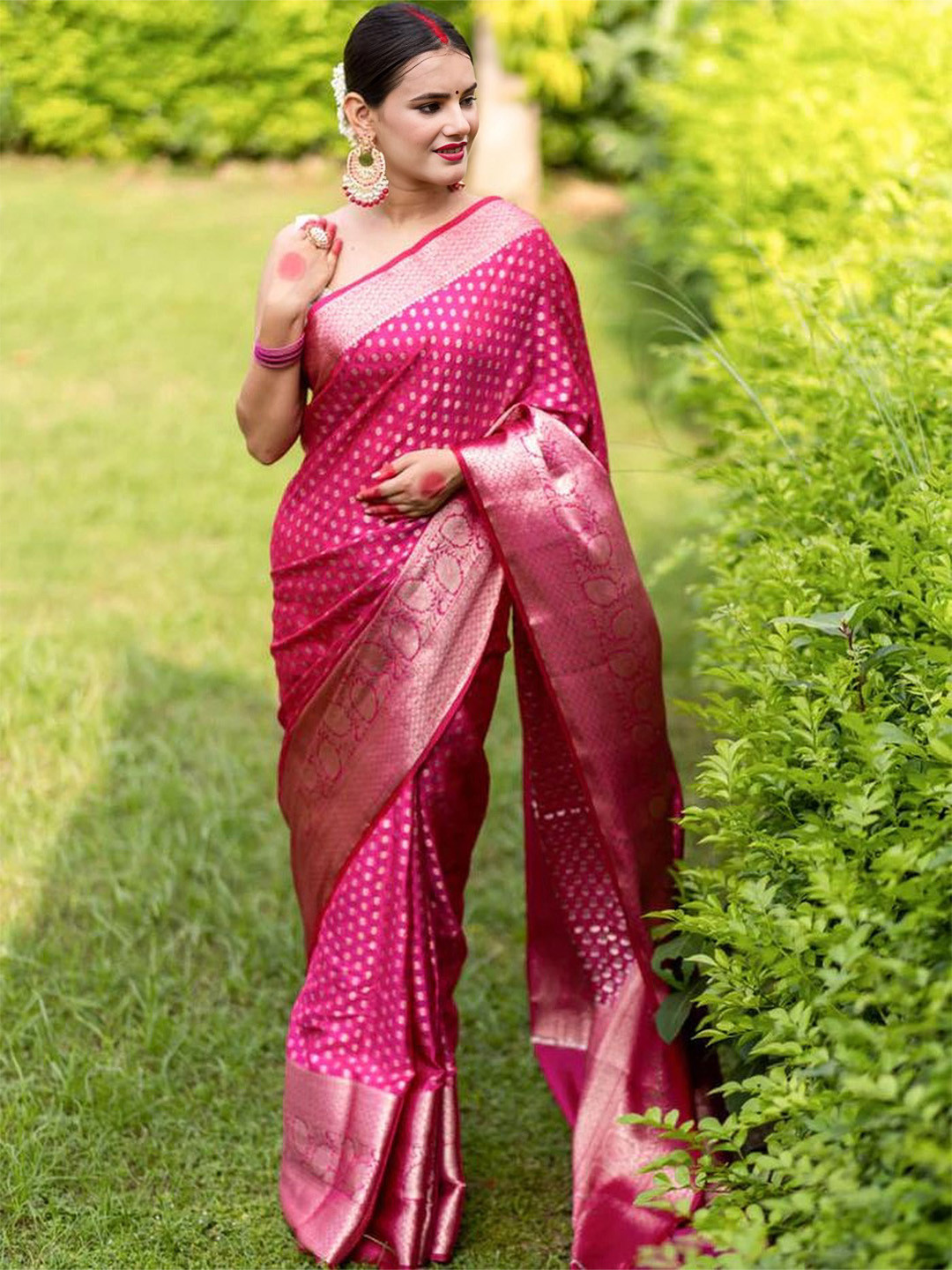 

bansari textiles Woven Design Zari Pure Cotton Kanjeevaram Saree, Pink