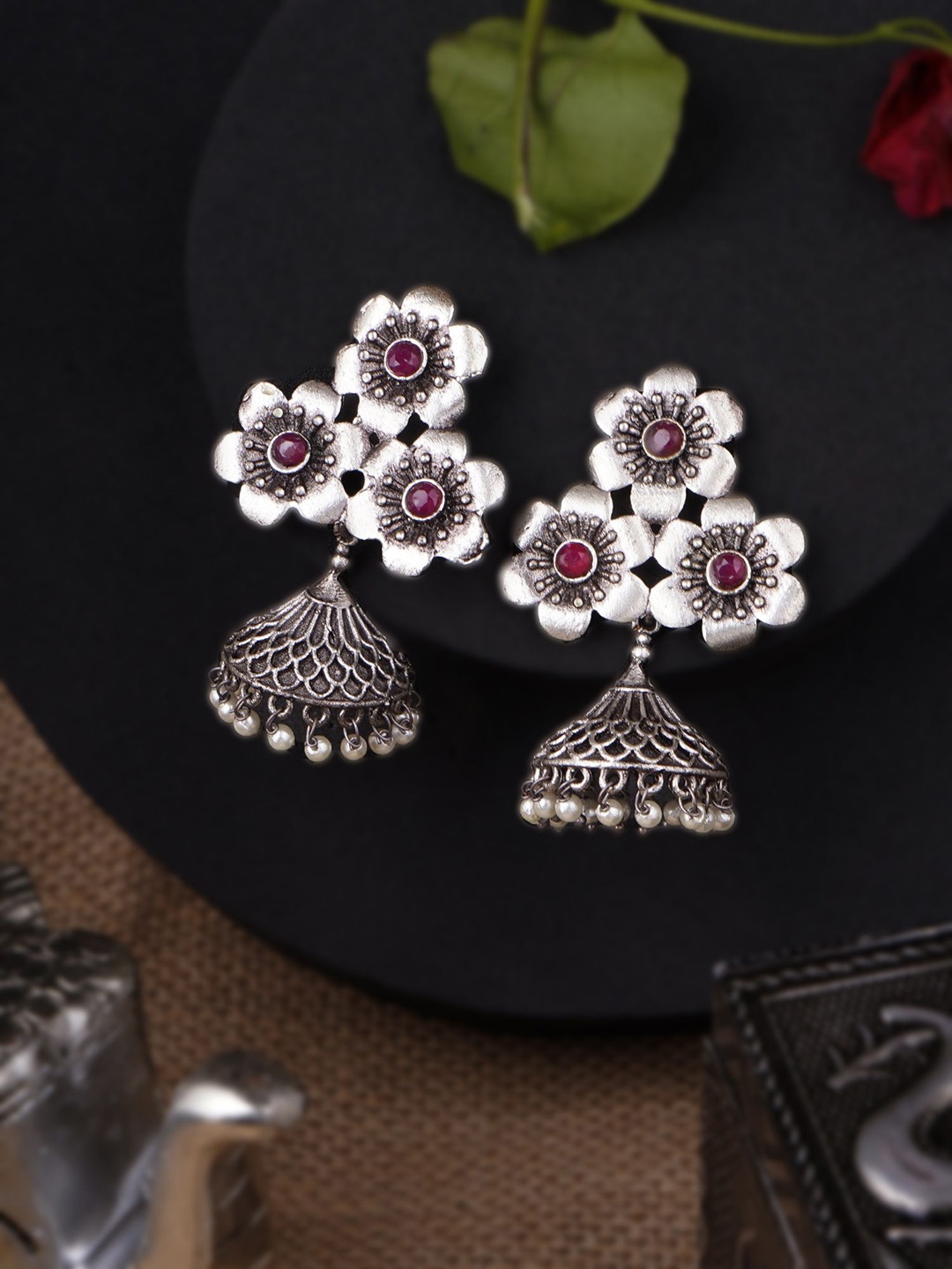 

Sangria White Silver-Plated Artificial Stones Studded And Beaded Floral Drop Earrings
