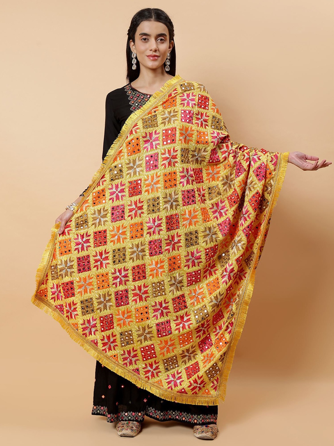 

Moda Chales Phulkari Embroidered Dupatta With Mirror Work, Yellow