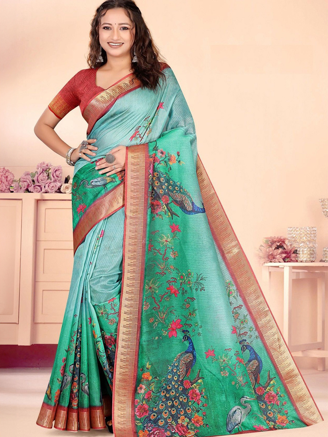 

Jaanvi Floral Printed Zari Saree, Green