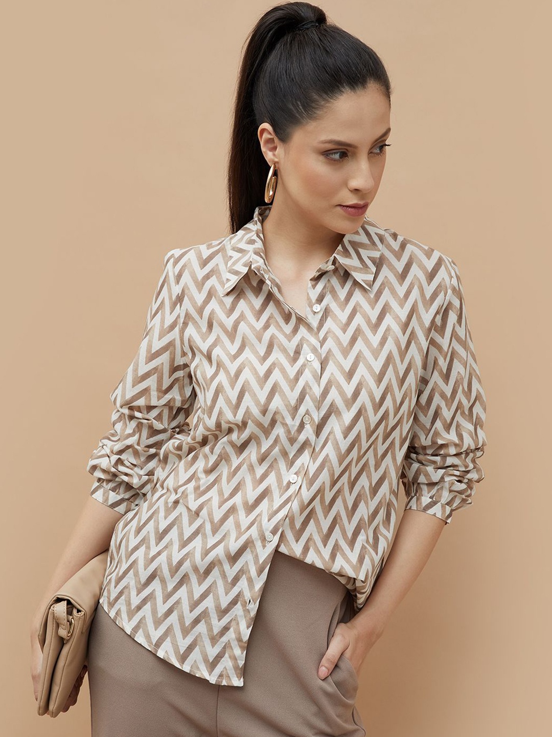 

CODE by Lifestyle Women Spread Collar Chevron Striped Cotton Casual Shirt, Brown