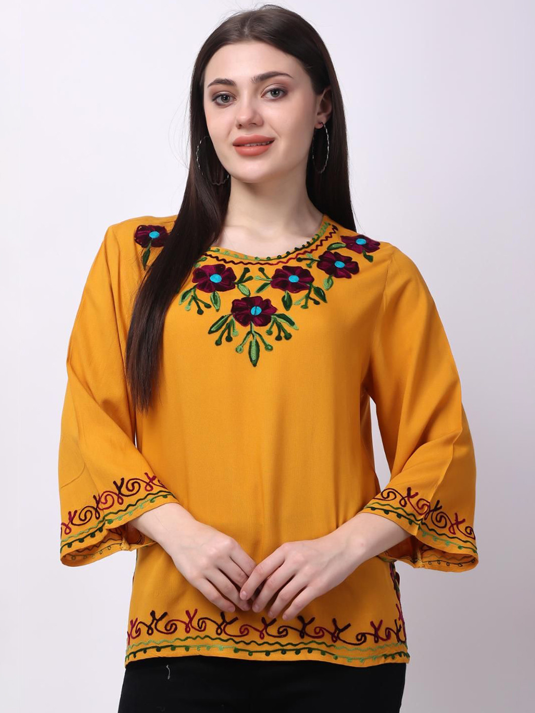 

VAAMII Women Floral Embroidered Flared Sleeve Top, Mustard