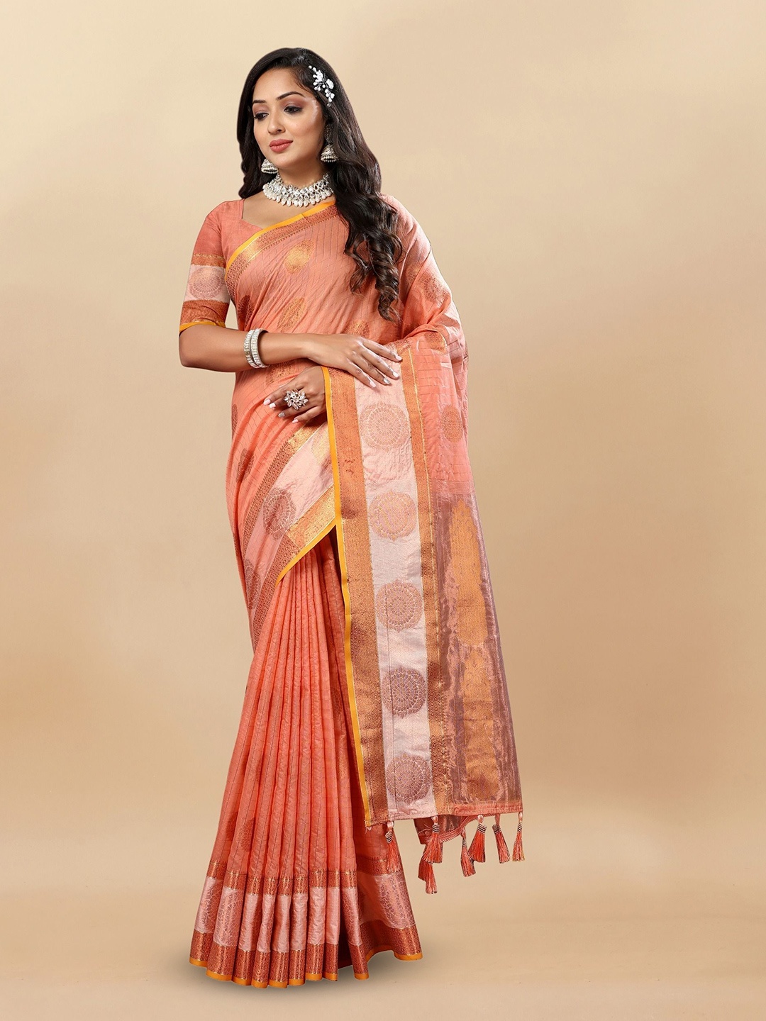 

bansari textiles Woven Design Zari Paithani Saree, Orange