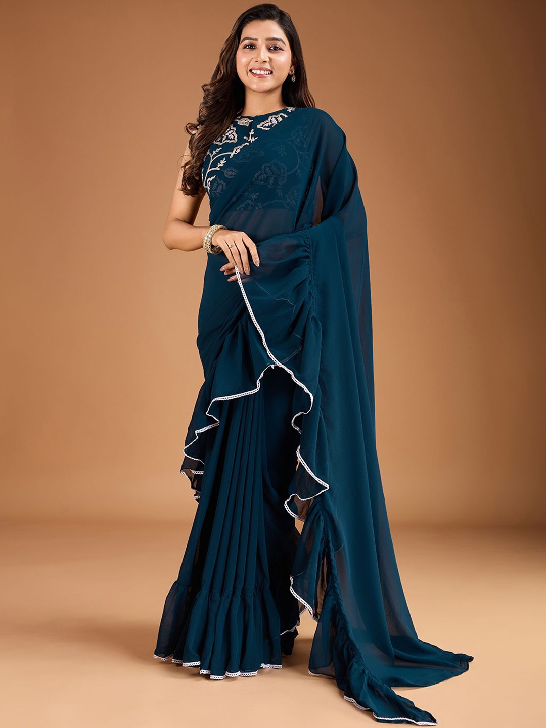 

House of Pataudi Solid Ruffle Saree with Embroidered Blouse Piece, Teal