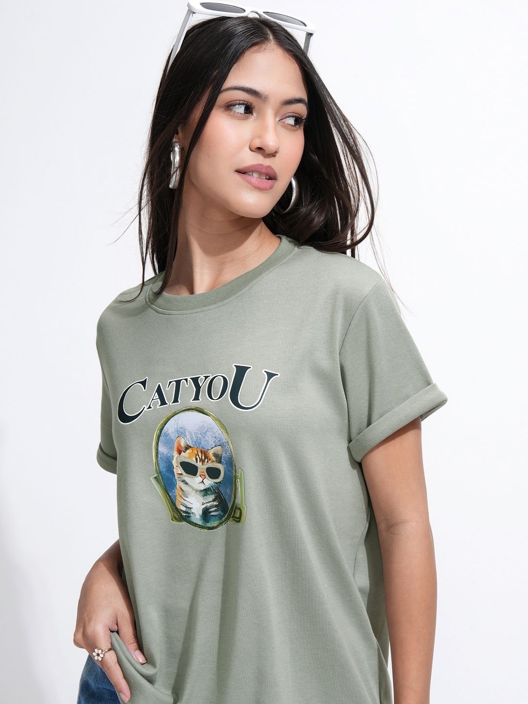 

Tokyo Talkies Women Typography Printed Round Neck Cotton T-shirt, Olive