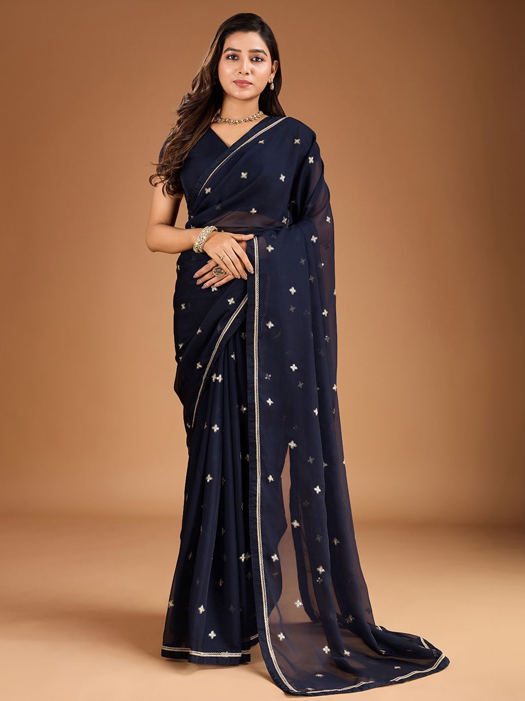 

House of Pataudi Embroidered Sequinned Organza Saree with Blouse Piece, Navy blue