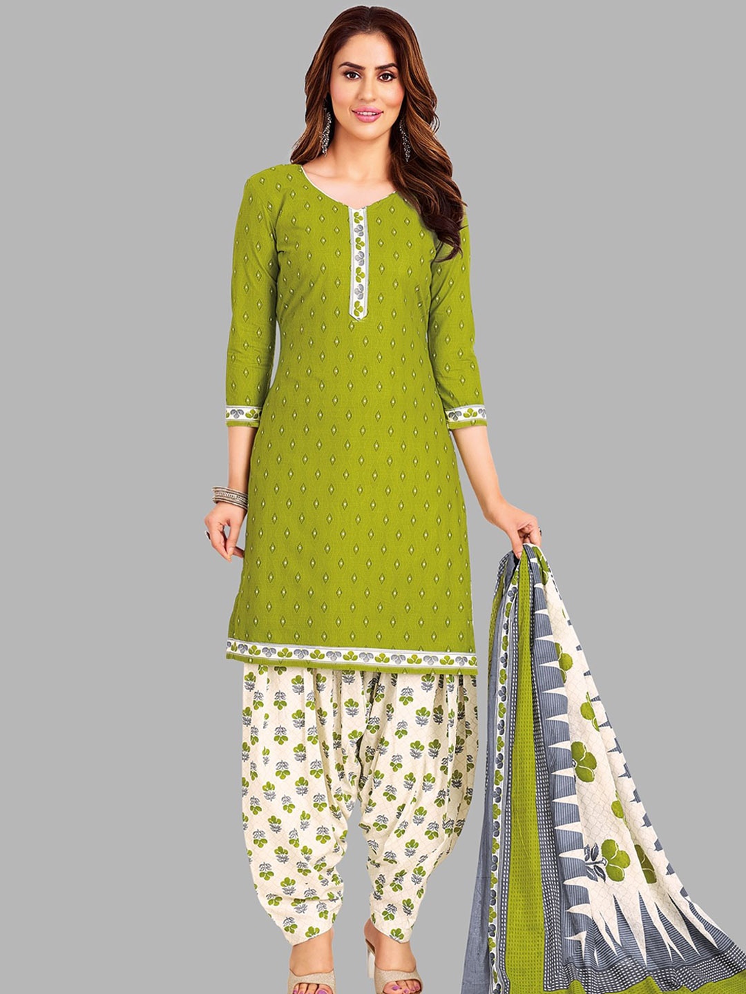 

shree jeenmata collection Floral Printed Pure Cotton Unstitched Dress Material, Green