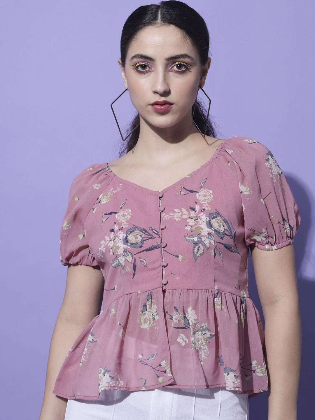

Moda Rapido Women Floral Printed Georgette Peplum Top, Pink