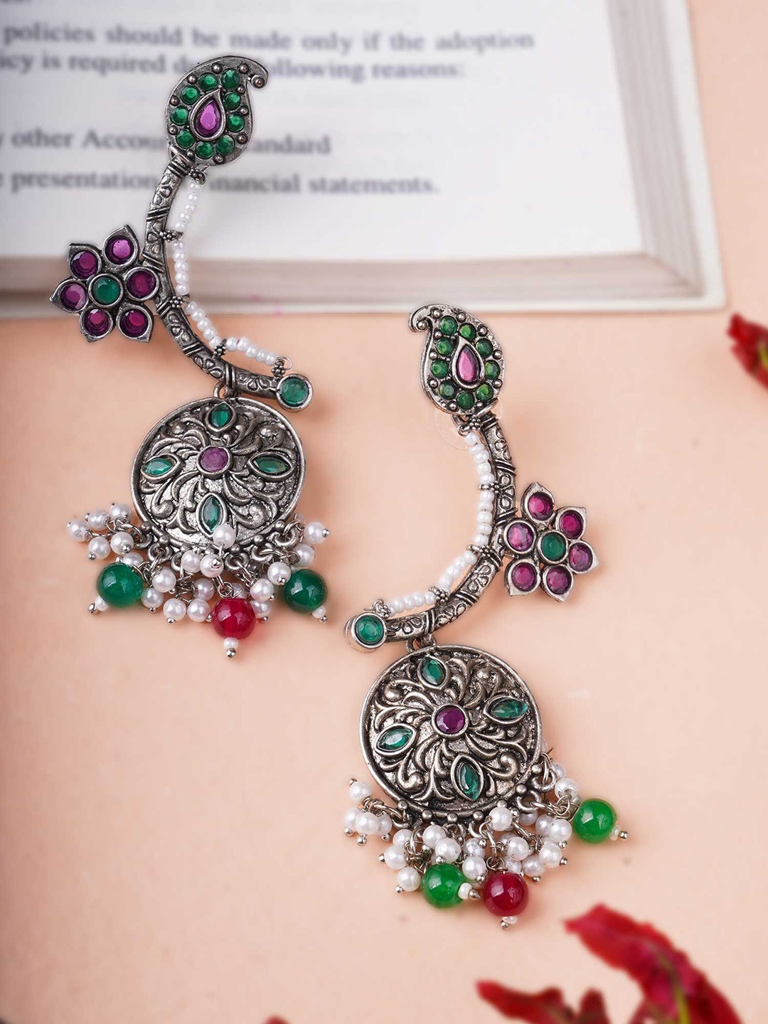 

Sangria Green Silver-Plated Artificial Stones Studded And Beaded Oxidised Drop Earrings