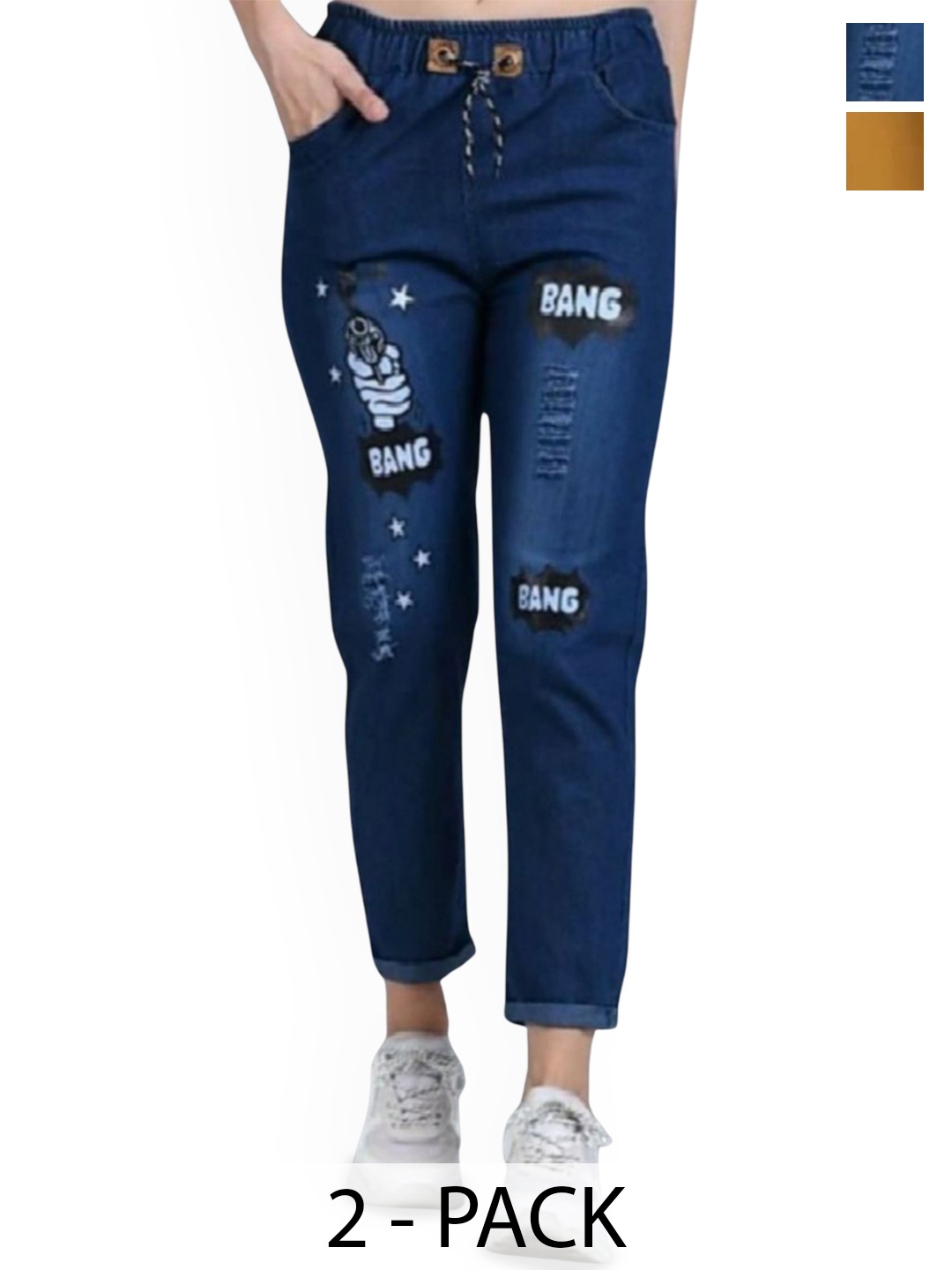 

BASED Girls Pack Of 2 Mid Rise Slim Fit Joggers Trousers, Blue