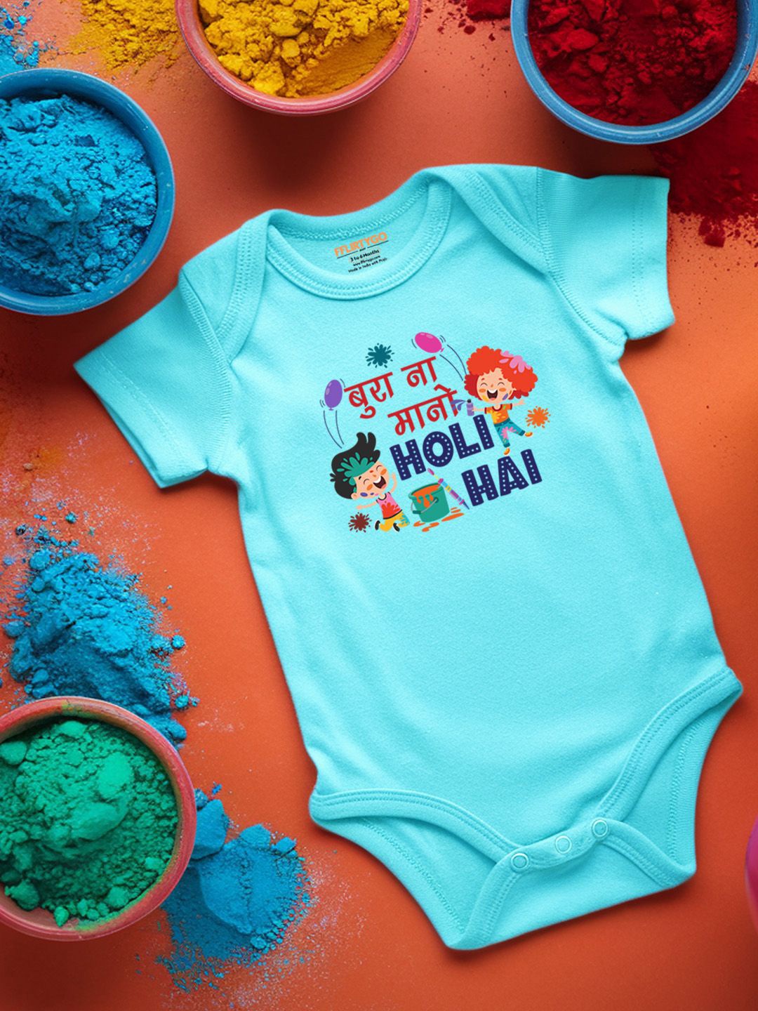 

FFLIRTYGO Infants Holi Printed Cotton Bodysuit, Turquoise blue