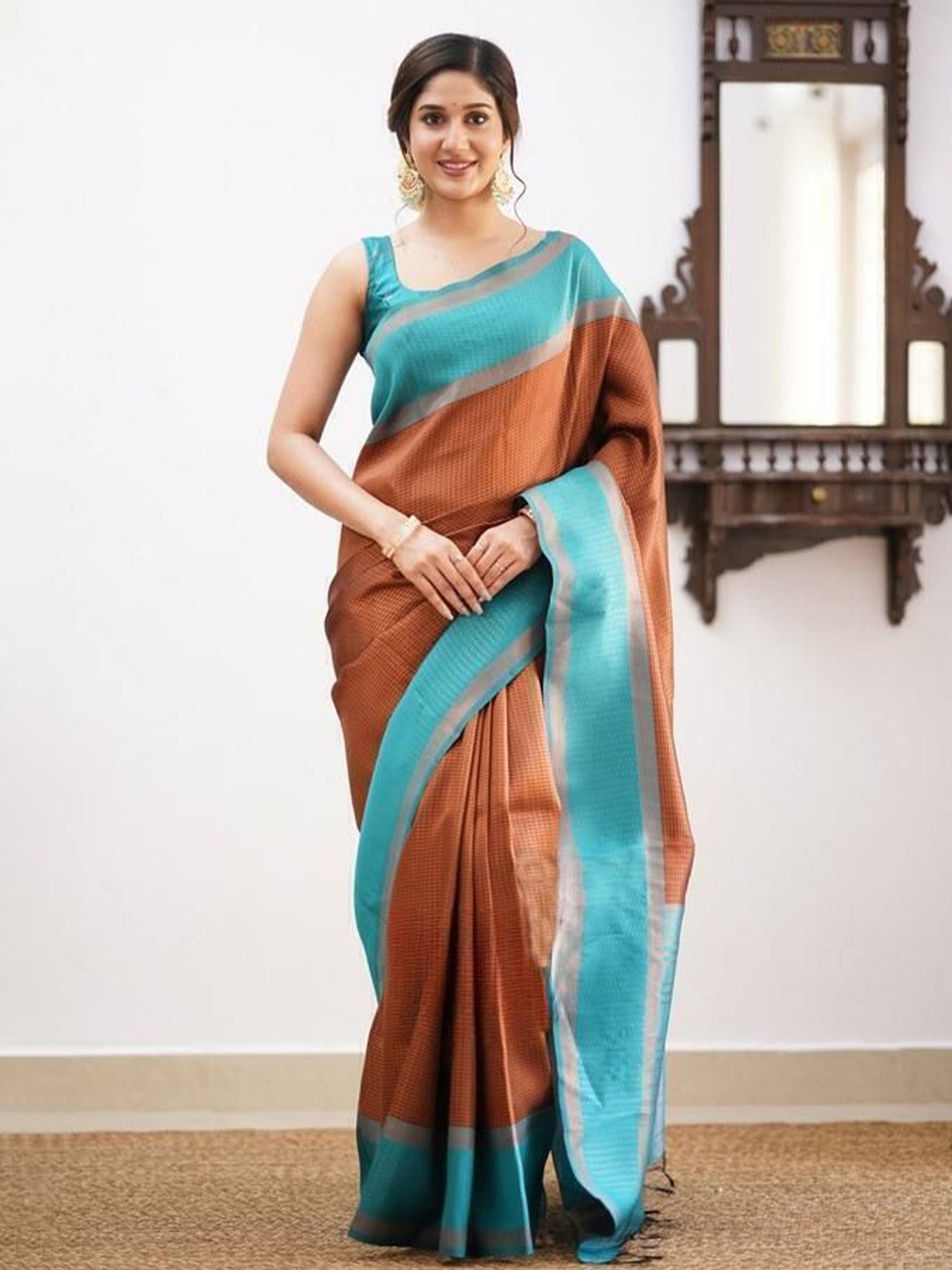 

bansari textiles Woven Design Zari Saree, Brown