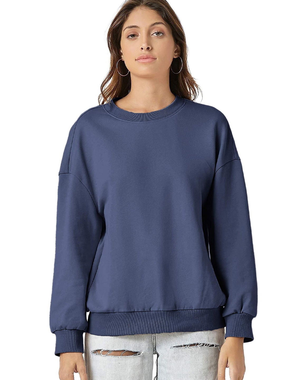 

NOTWILD Women Round Neck Cotton Sweatshirt, Blue