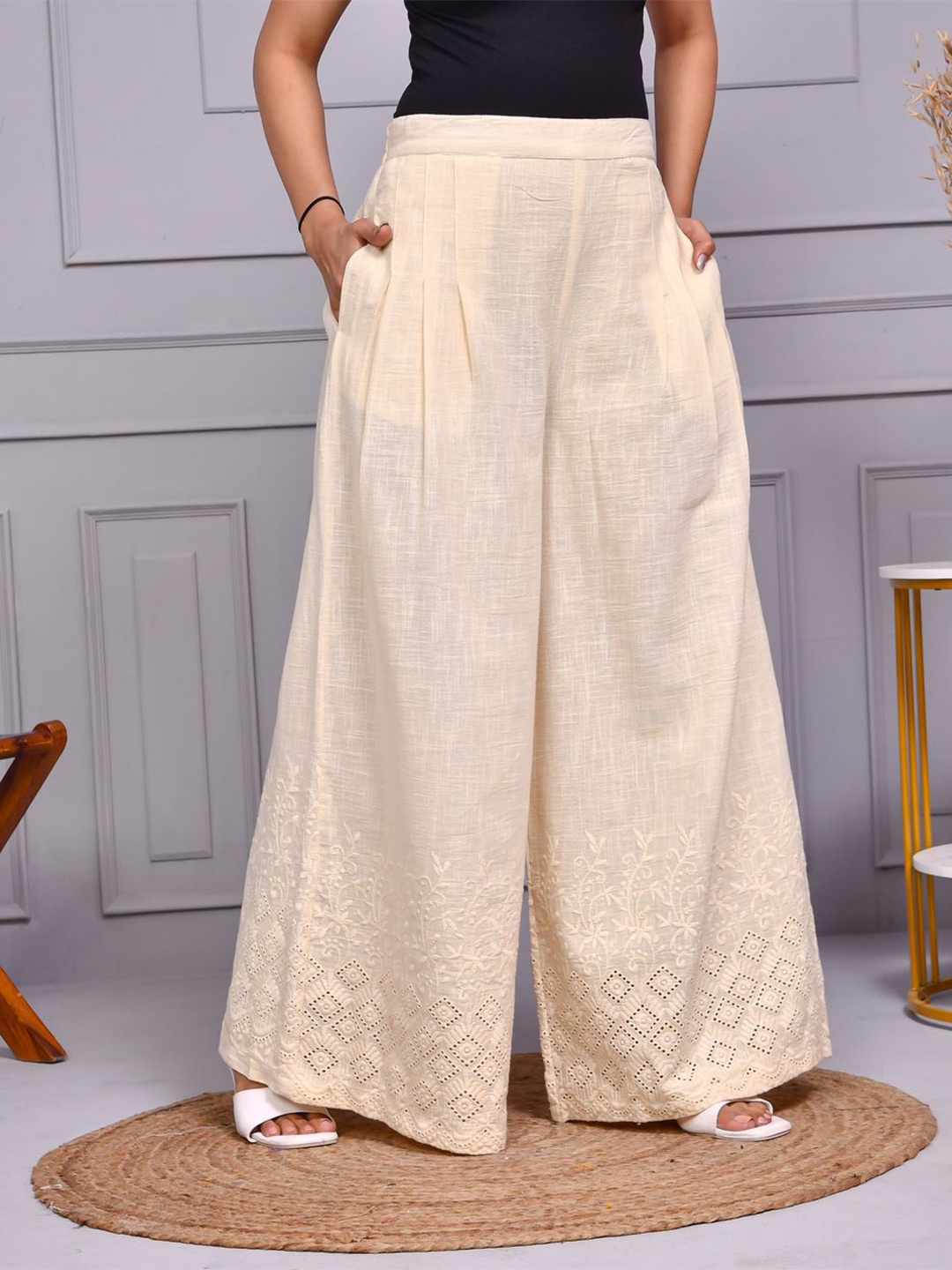 

Aspriya Women Ethnic Motifs Embroidered Flared Palazzos, Beige