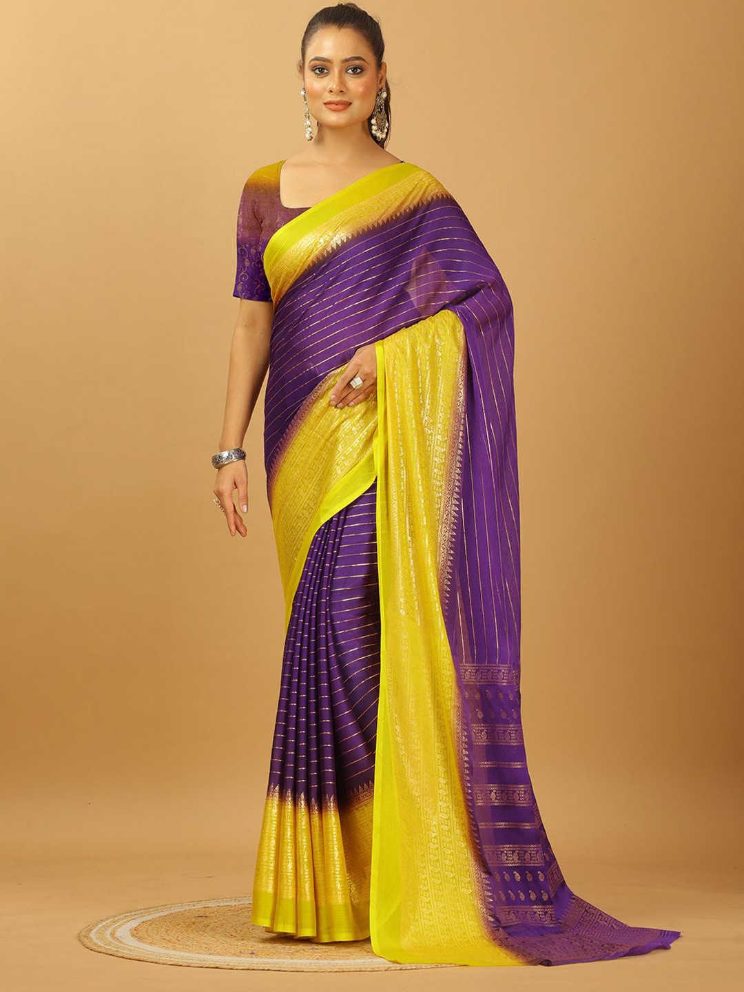 

NIRMAL CREATION Striped Pure Crepe Saree, Purple