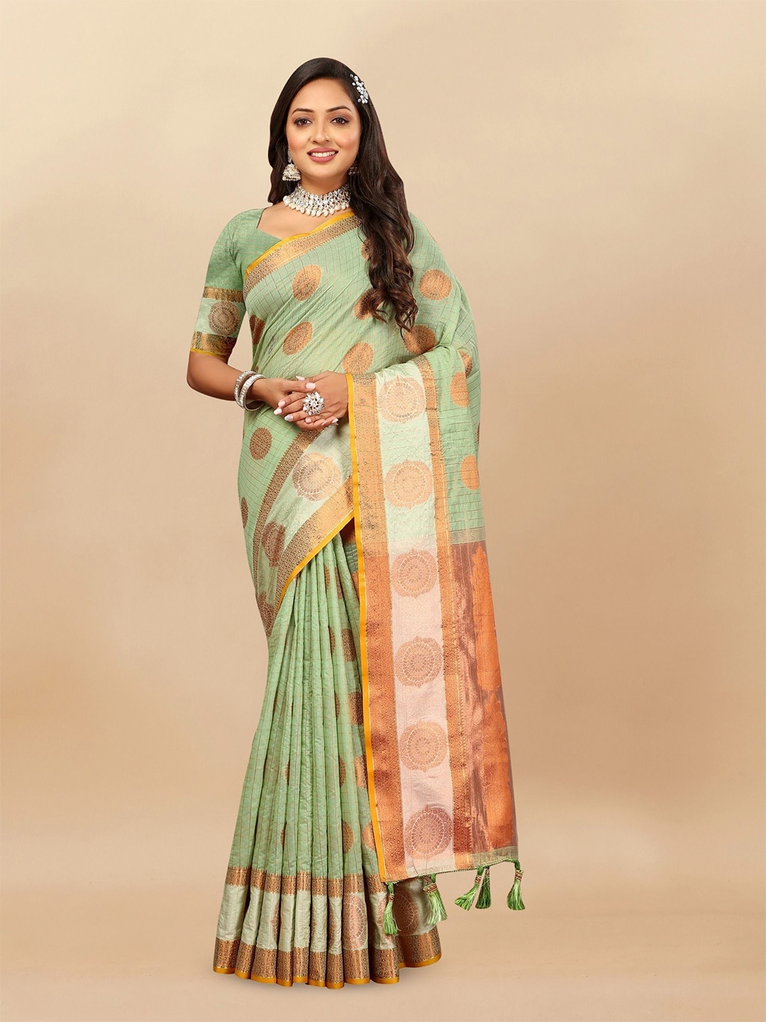 

bansari textiles Woven Design Zari Paithani Saree, Green