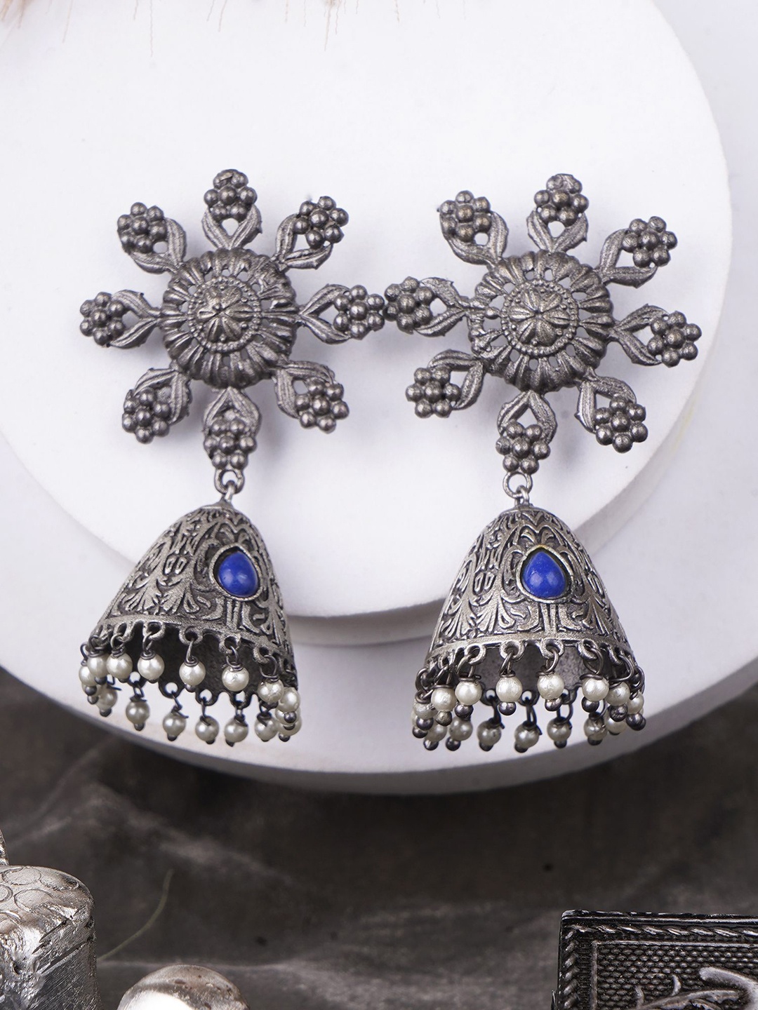 

Sangria Blue Silver-Plated Artificial Stones Studded And Beaded Dome Oxidised Jhumkas