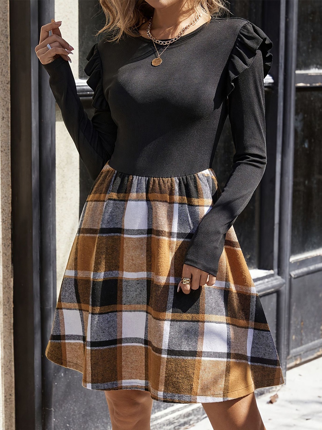 

StyleCast x Revolte Women Checked Fit and Flare Layered Dress, Black