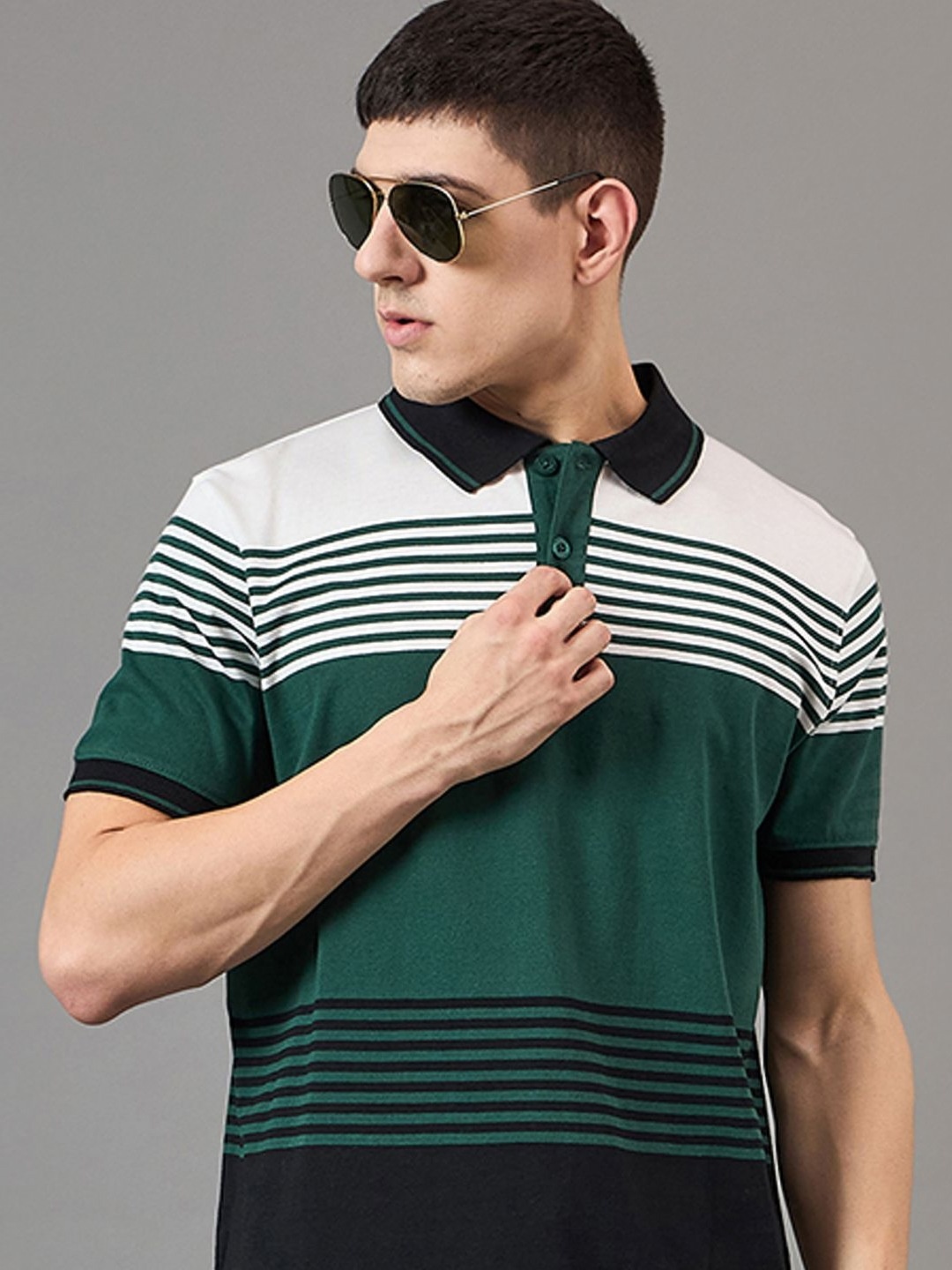 

BRONATION Men Striped Polo Collar Cotton T-shirt, Green