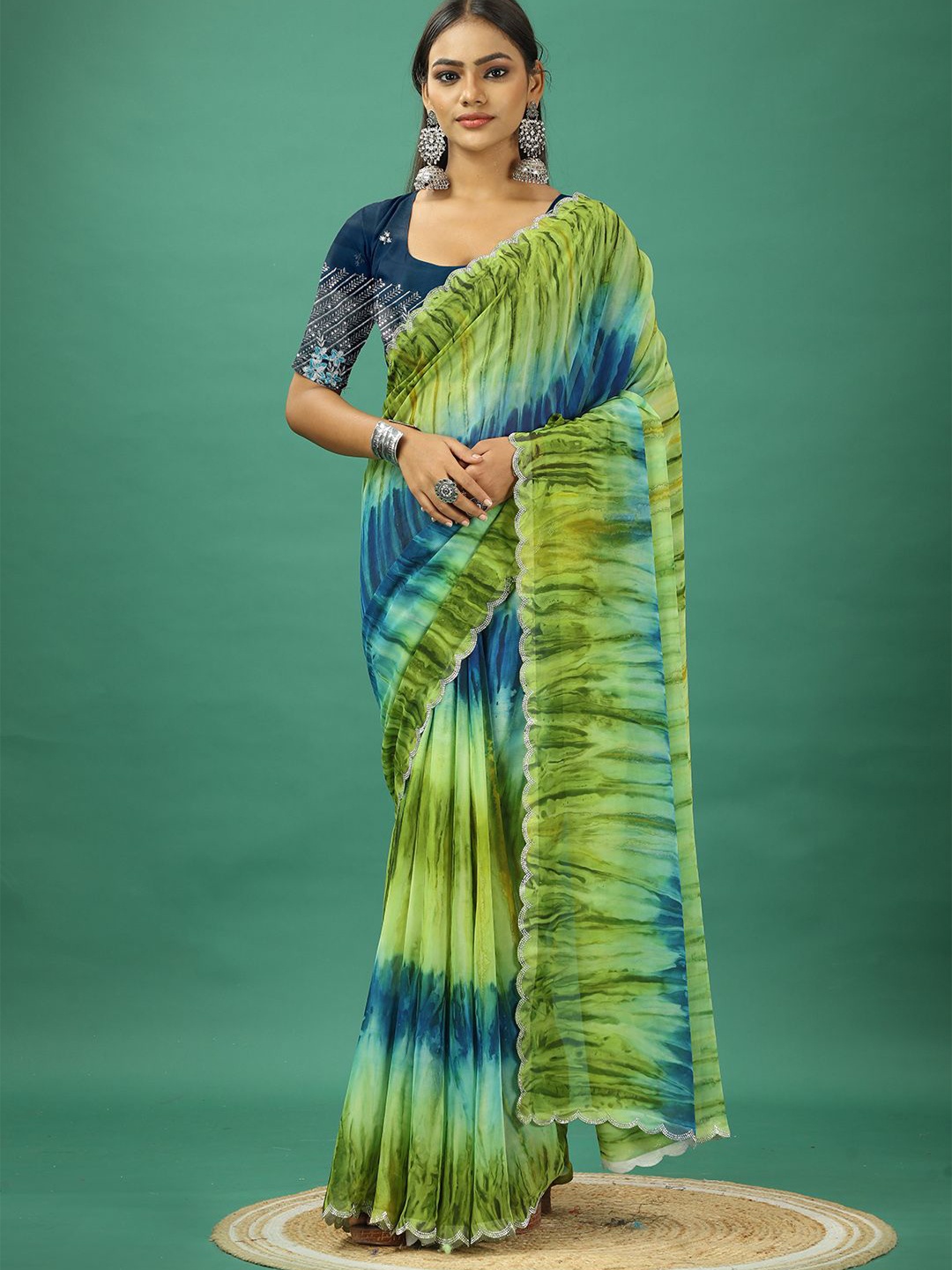 

NIRMAL CREATION Beads and Stones Pure Georgette Saree, Blue