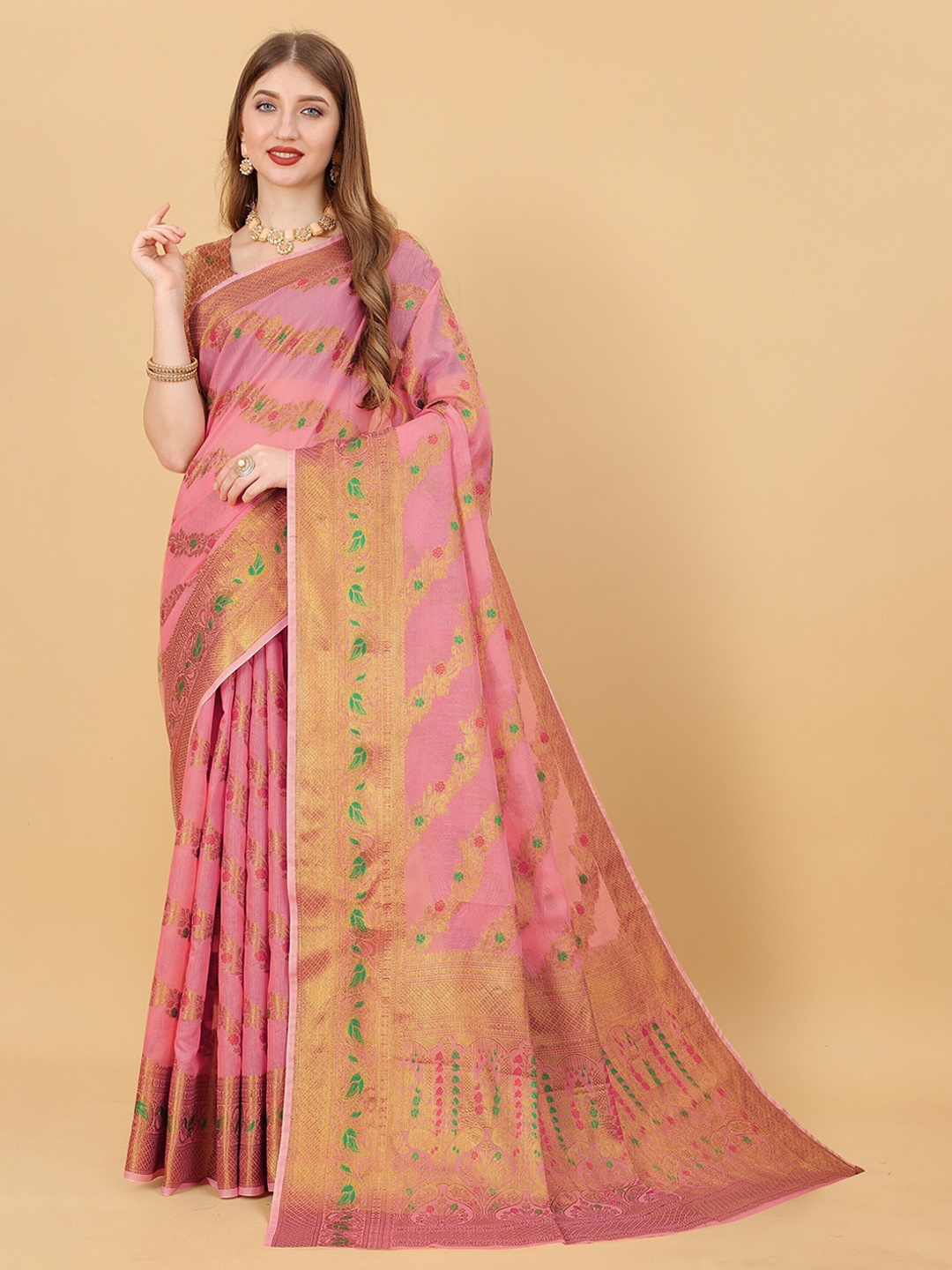 

bansari textiles Woven Design Zari Banarasi Saree, Pink