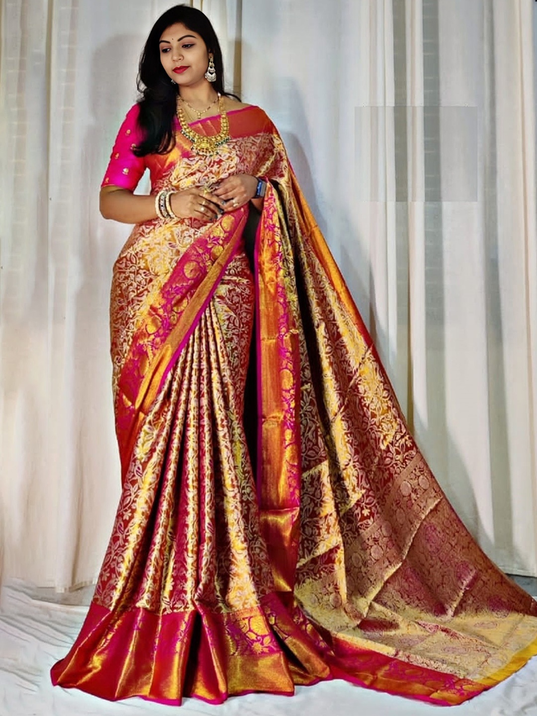 

bansari textiles Woven Design Zari Banarasi Saree, Pink