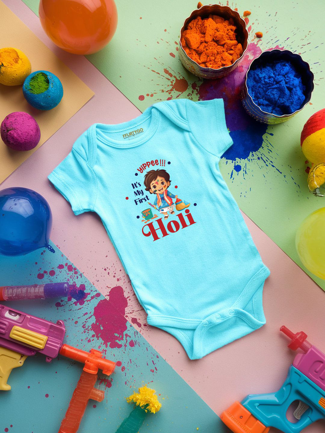 

FFLIRTYGO Infants Holi Printed Cotton Bodysuit, Turquoise blue