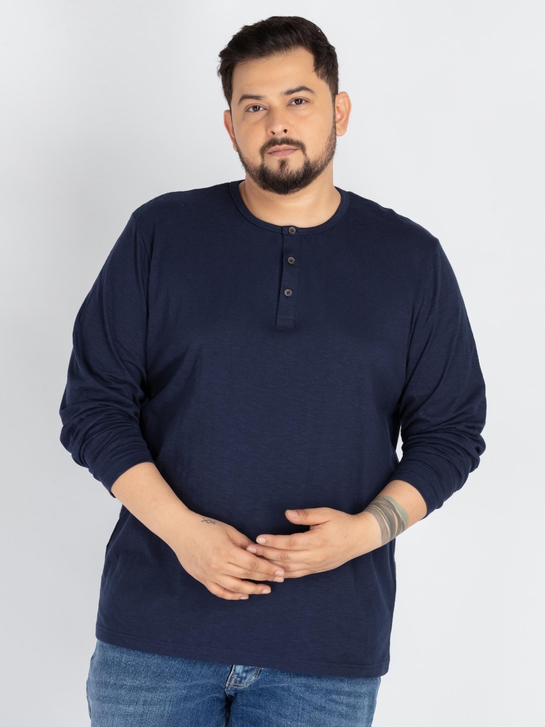 

UNSIZED Men Plus Size Solid Henley Neck Cotton T-shirt, Navy blue