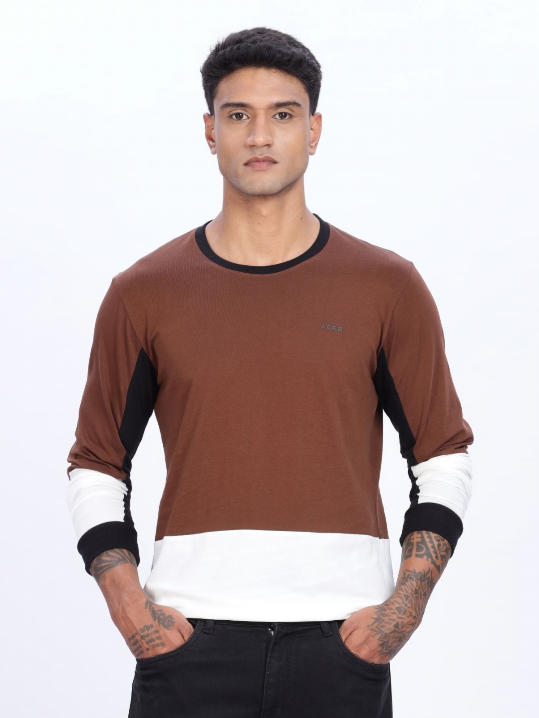 

ADRO Men Colourblocked Round Neck Cotton T-shirt, Brown