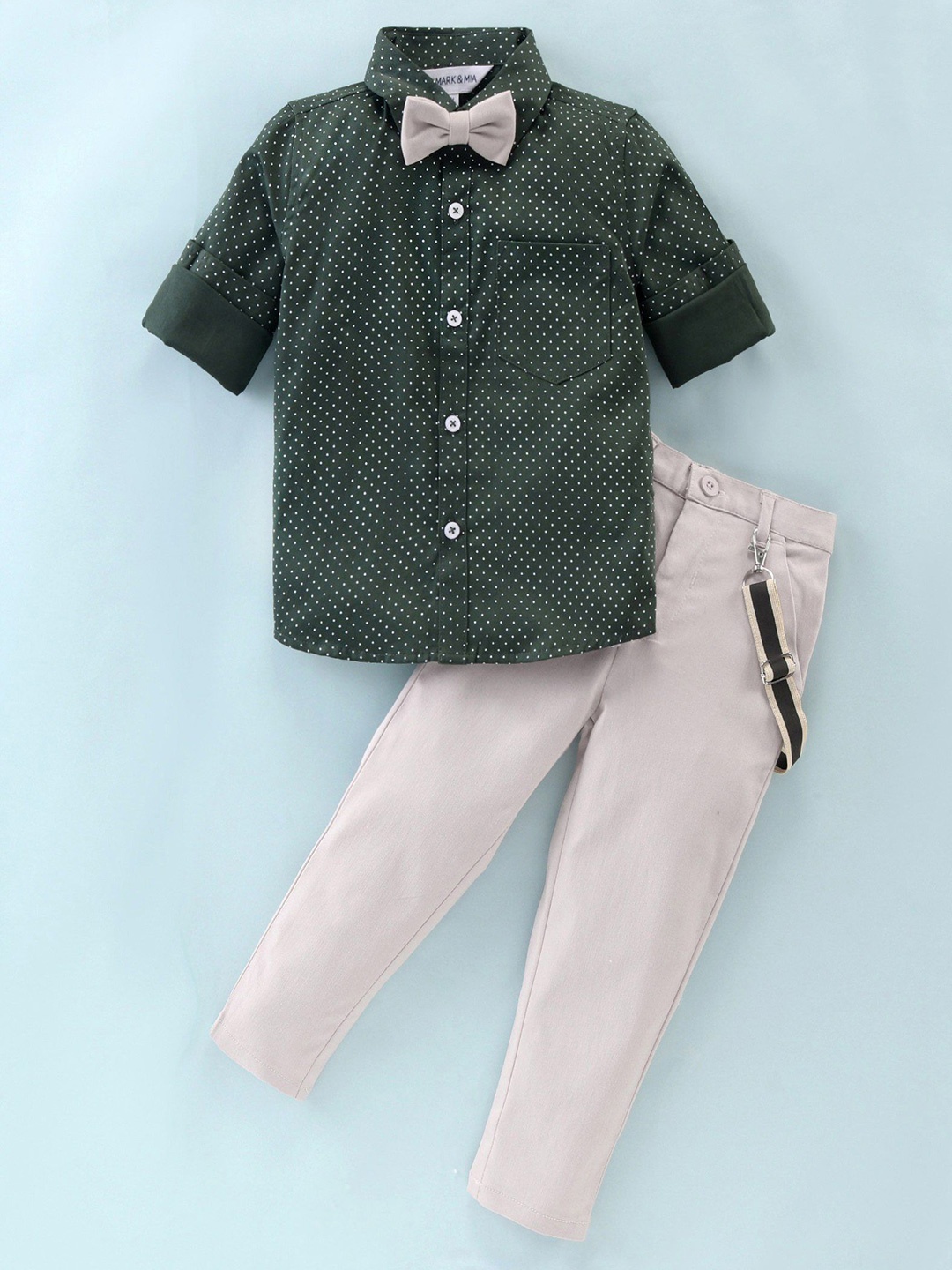 

Mark & Mia Boys Printed Long Sleeves Shirt With Trousers And Suspender, Green