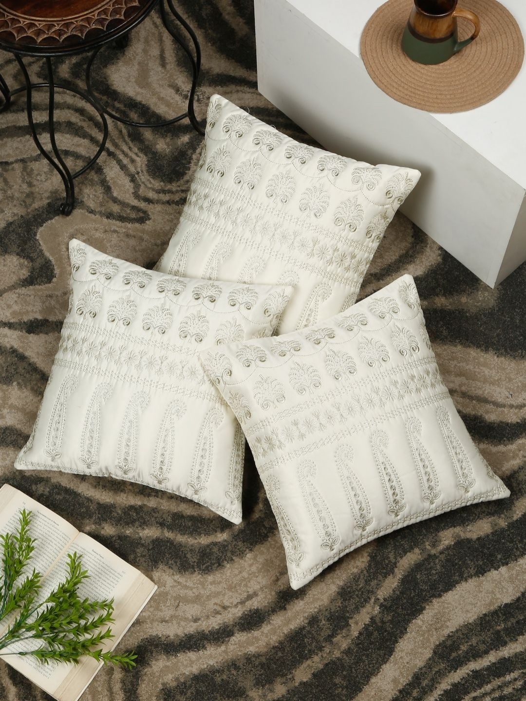 

SOKNACK Cream & Gold-Toned 3 Pieces Ethnic Motifs Embroidered Square Cushion Covers